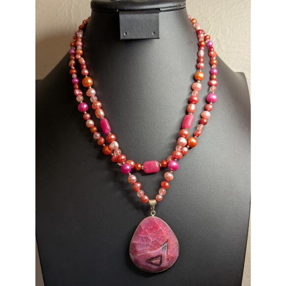 Double Strand Multi-Color Pearl Fuchsia Pink Rhodochrosite Pendant Necklace - Picture 11 of 11